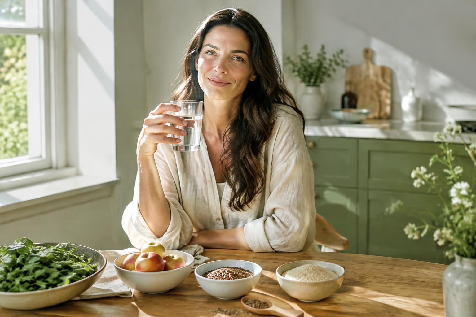 Woman enjoying a glass of water at a sunlit kitchen table